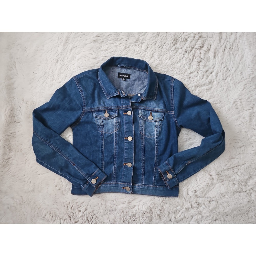 New Look Women's Blue Denim Jacket Size S Crop Stretch Y2K Indie Boho